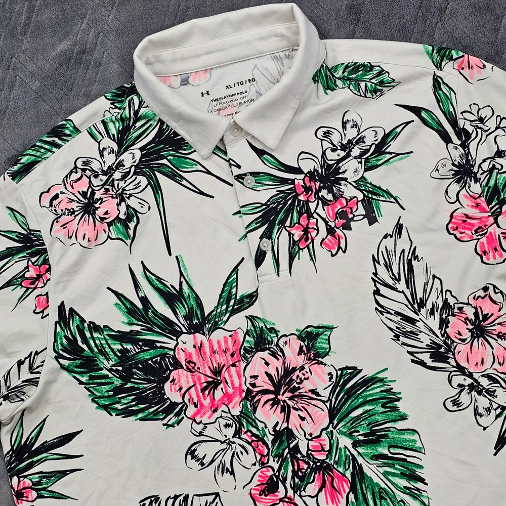 Under Armour Playoff Polo Mens XL White Pink Floral Tropical Golf Performance